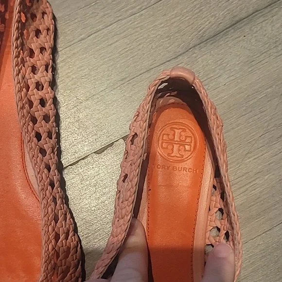 Tory Burch Carlyle Leather Woven Bow Ballet Flats in Coral Size 8.5 Women - Picture 3 of 8
